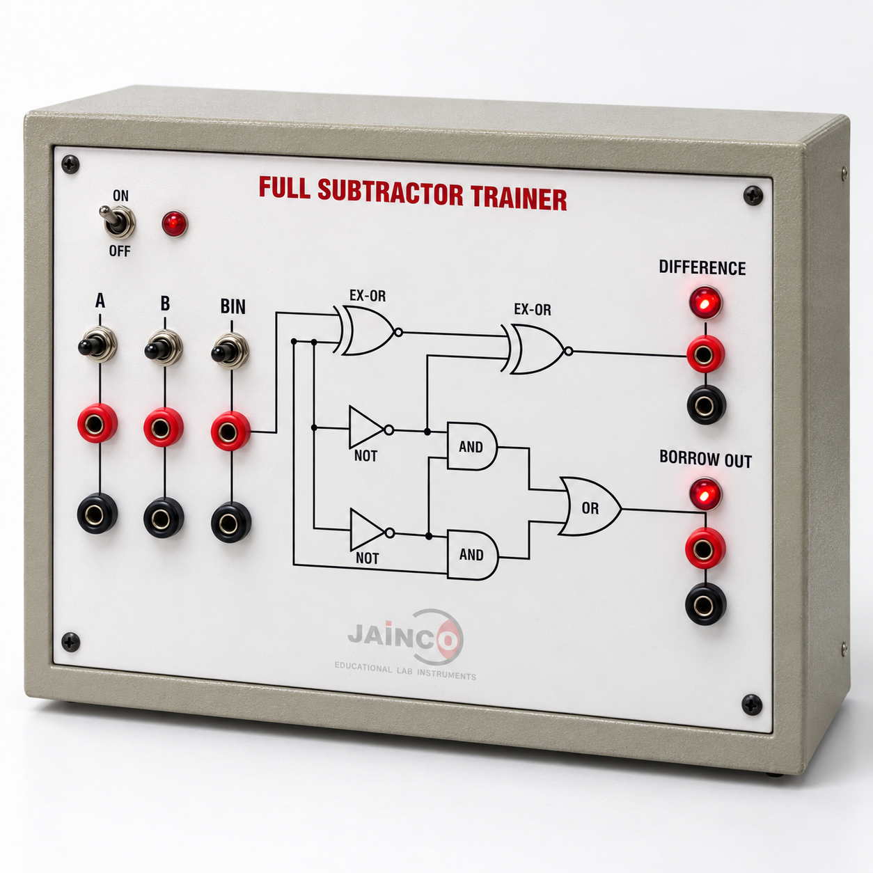 Digital Trainer to Verify Full Subtractor using OR, EX-OR and AND Gates